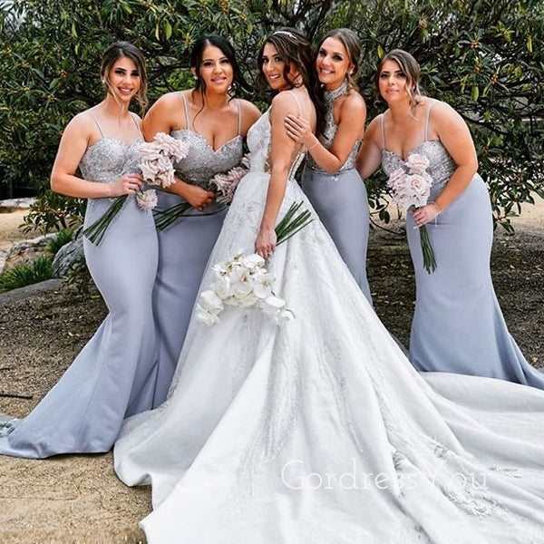 Spaghetti Straps Mermaid Grey Appliques Cheap Long Custom Bridesmaid Dresses, GRB0052