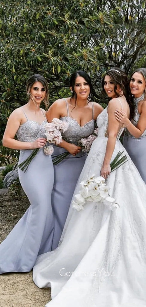 Spaghetti Straps Mermaid Grey Appliques Cheap Long Custom Bridesmaid Dresses, GRB0052