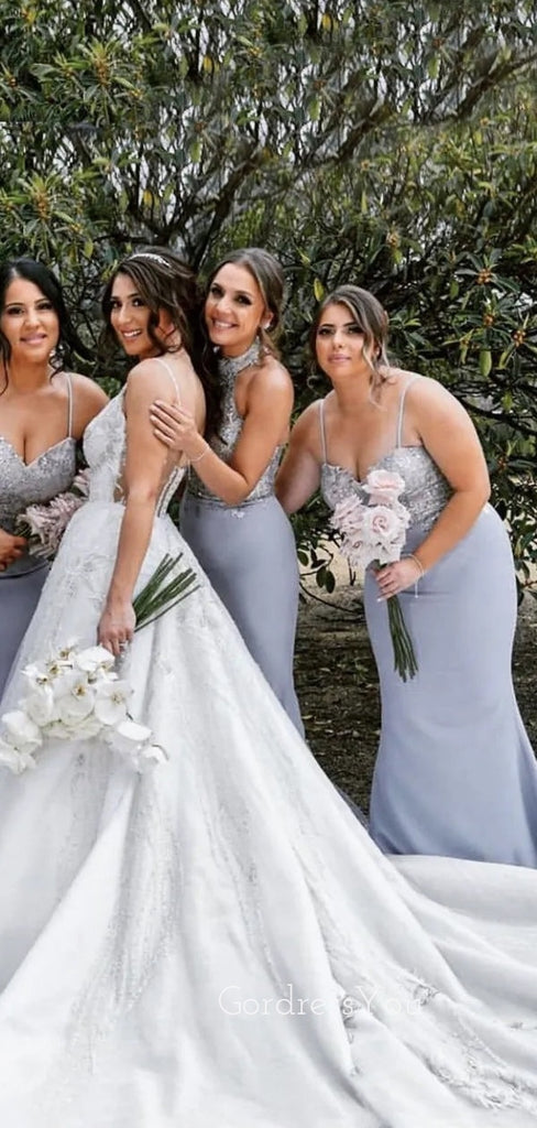 Spaghetti Straps Mermaid Grey Appliques Cheap Long Custom Bridesmaid Dresses, GRB0052