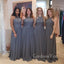 A-line Grey Halter Besded Long Custom Bridesmaid Dresses, GRB0055