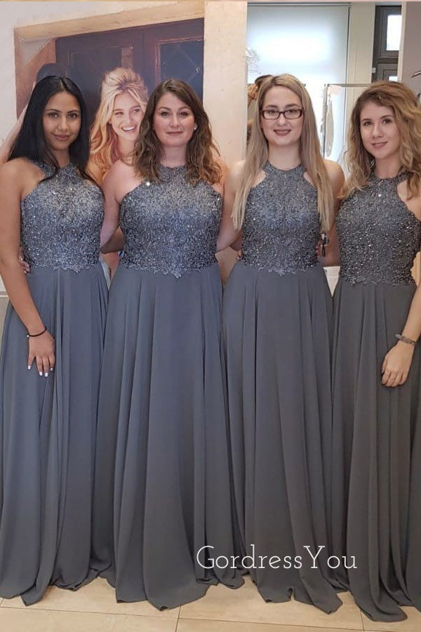 A-line Grey Halter Besded Long Custom Bridesmaid Dresses, GRB0055