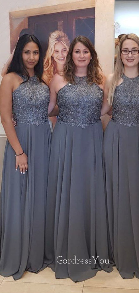 A-line Grey Halter Besded Long Custom Bridesmaid Dresses, GRB0055