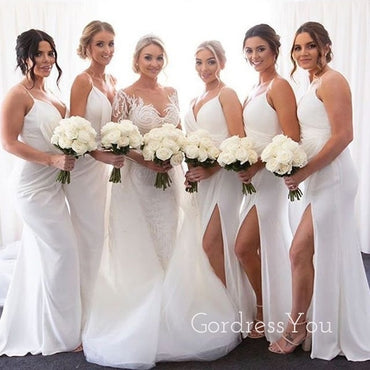 Simple Spaghett Straps White V-neck Long Custom Bridesmaid Dresses, GRB0056