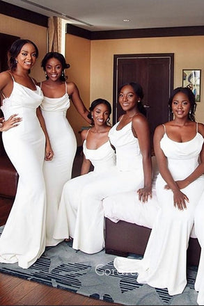 Sexy White Mermaid Appliques Spaghetti Straps Long Custom Bridesmaid Dresses, GRB0057