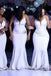 Deep V-neck White Appliques Spaghetti Straps Long Mermaid Custom Bridesmaid Dresses, GRB0058