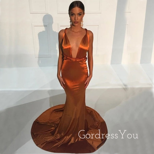 Burnt Orange Satin V-neck Long Mermaid Custom Bridesmaid Dresses, GRB0059