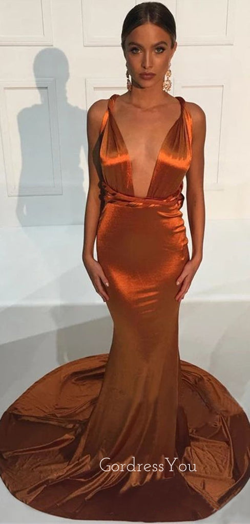 Burnt Orange Satin V-neck Long Mermaid Custom Bridesmaid Dresses, GRB0059