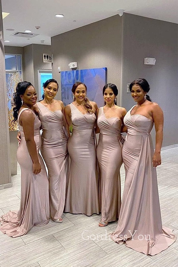 One Shoulder Mermaid Satin Long Custom Bridesmaid Dresses, GRB0060