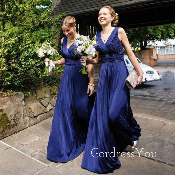 A-line Navy Blue V-neck Long Custom Bridesmaid Dresses, GRB0064