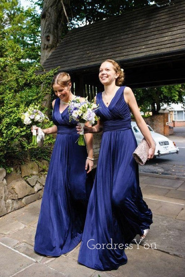 A-line Navy Blue V-neck Long Custom Bridesmaid Dresses, GRB0064