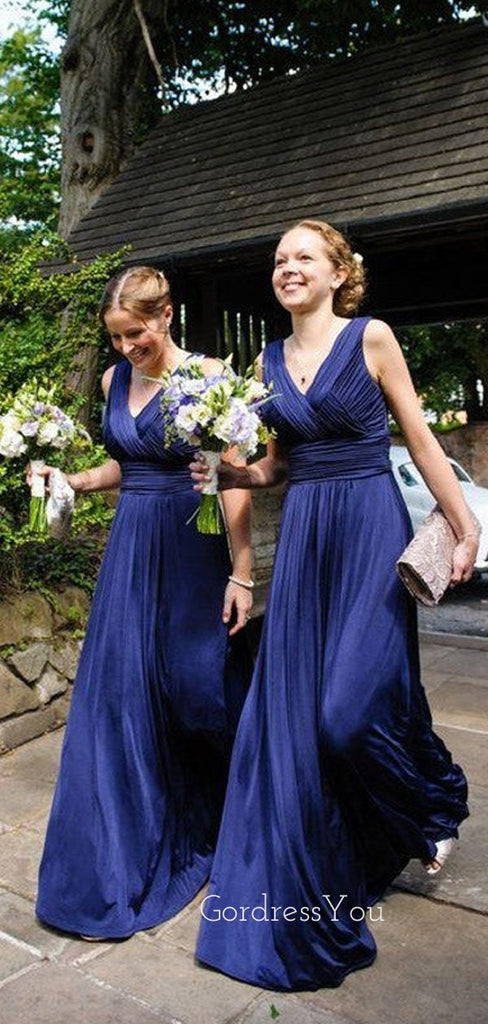 A-line Navy Blue V-neck Long Custom Bridesmaid Dresses, GRB0064