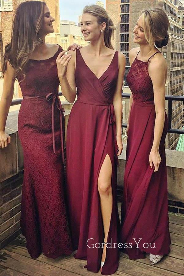 Mismatched Burgundy Lace Cheap Long Custom Bridesmaid Dresses, GRB0065