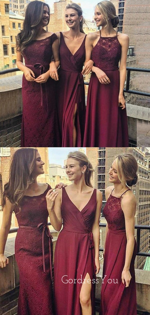 Mismatched Burgundy Lace Cheap Long Custom Bridesmaid Dresses, GRB0065