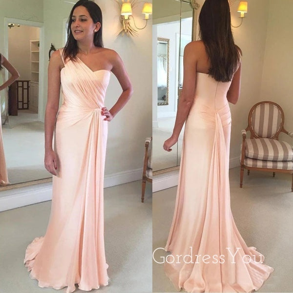 Peach Satin One Shoulder Mermaid Cheap Long Custom Bridesmaid Dresses, GRB0066