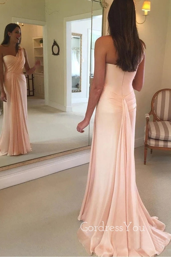 Peach Satin One Shoulder Mermaid Cheap Long Custom Bridesmaid Dresses, GRB0066