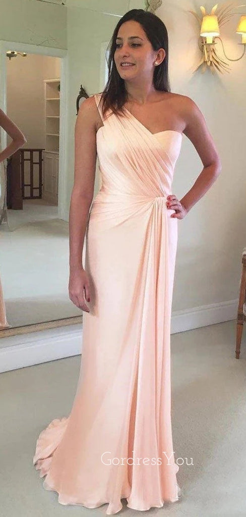 Peach Satin One Shoulder Mermaid Cheap Long Custom Bridesmaid Dresses, GRB0066