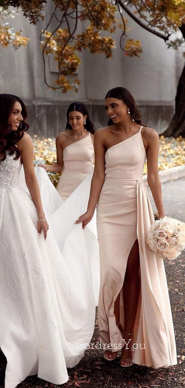 One Shoulder Peach Mermaid Cheap Side Slit Long Custom Bridesmaid Dresses, GRB0069 One Shoulder Peach Mermaid Cheap Side Slit Long Custom Bridesmaid Dresses, GRB0069