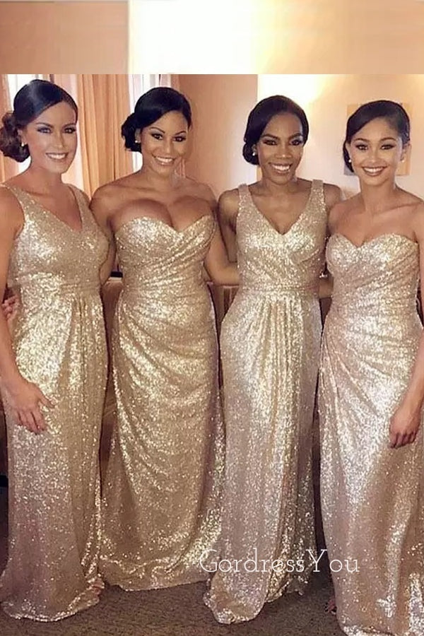 Mismatched Gold Sequins Mermaid Cheap Long Custom Bridesmaid Dresses, GRB0072