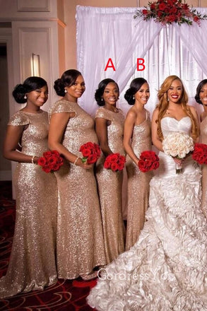 Mismatched Rose Gold Sequins Mermaid Cheap Long Custom Bridesmaid Dresses, GRB0073