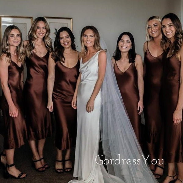 Simple Satin Spaghetti Straps V-neck Cheap Long Custom Bridesmaid Dresses, GRB0075