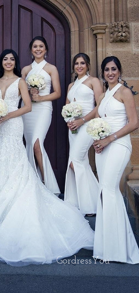 Mermaid White Halter Side Slit Cheap Long Custom Bridesmaid Dresses, GRB0076