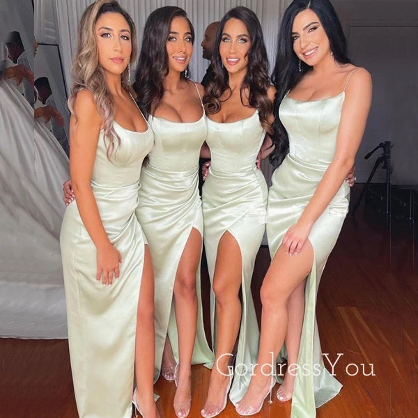 Mermaid Sage Satin Spaghetti Straps Cheap Long Custom Bridesmaid Dresses, GRB0082