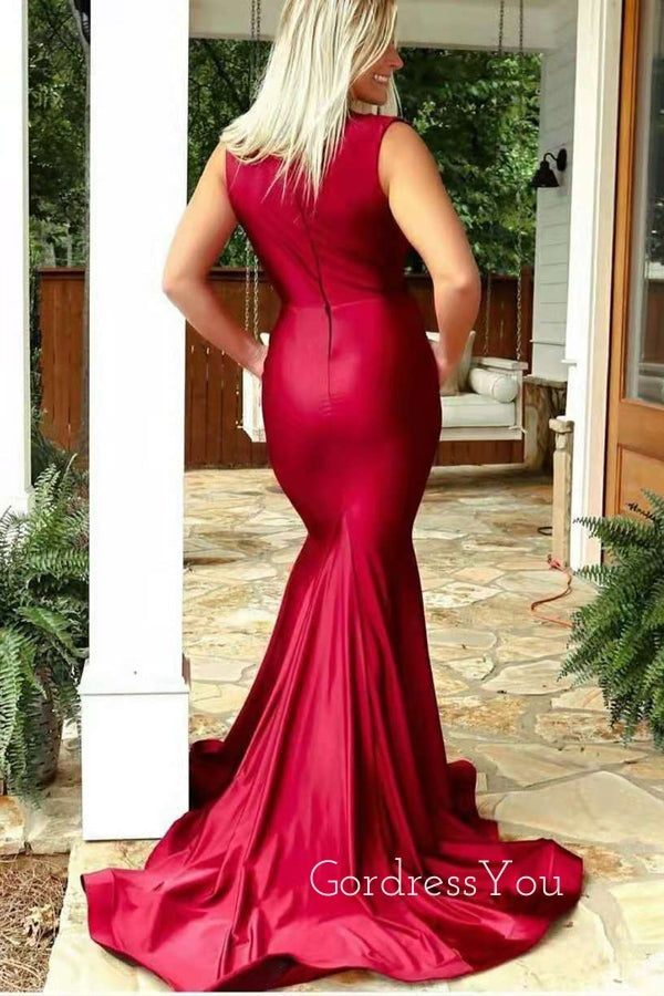 Popular Red Satin Mermaid Deep V-neck Cheap Long Custom Bridesmaid Dresses, GRB0083