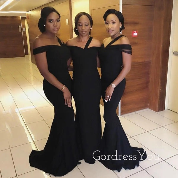 Off Shoulder Black Mermaid Long Cheap Custom Bridesmaid Dresses, GRB0084