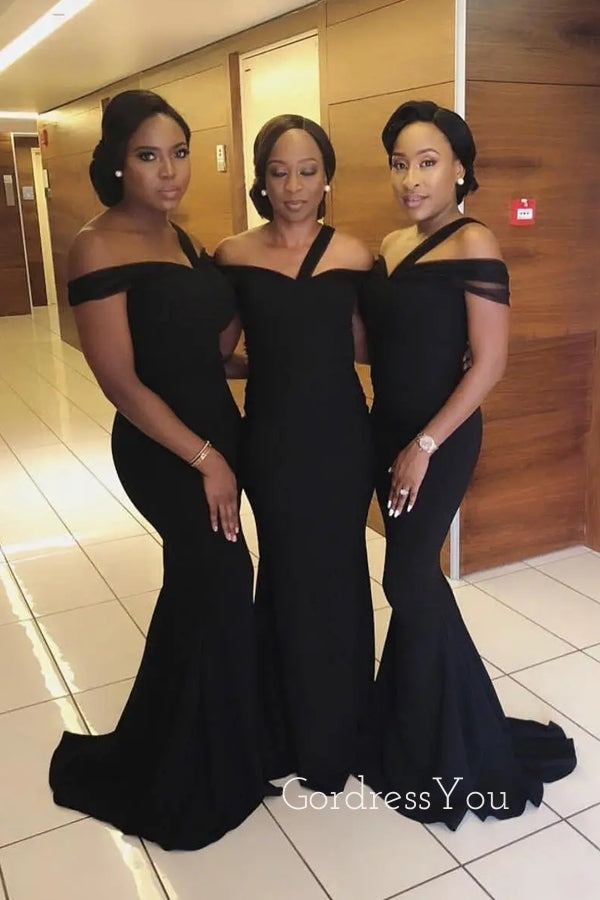 Off Shoulder Black Mermaid Long Cheap Custom Bridesmaid Dresses, GRB0084