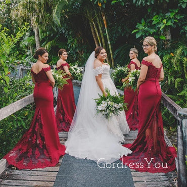 Gorgeous Dark Red Mermaid Appliques Long Off Shoulder Custom Bridesmaid Dresses, GRB0085