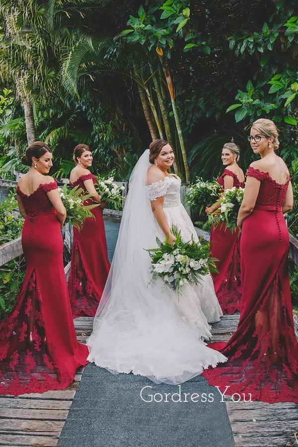 Gorgeous Dark Red Mermaid Appliques Long Off Shoulder Custom Bridesmaid Dresses, GRB0085