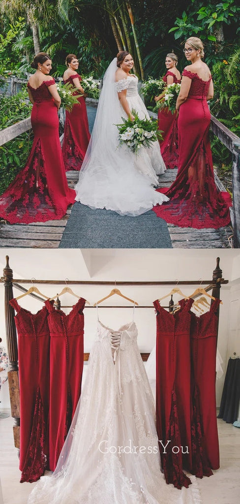 Gorgeous Dark Red Mermaid Appliques Long Off Shoulder Custom Bridesmaid Dresses, GRB0085