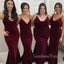 Burgundy Velvet Spaghetti Straps Mermaid Long Cheap Custom Bridesmaid Dresses, GRB0089