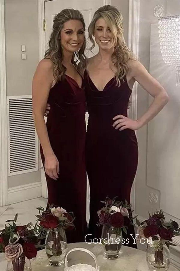 Burgundy Velvet Spaghetti Straps Mermaid Long Cheap Custom Bridesmaid Dresses, GRB0089