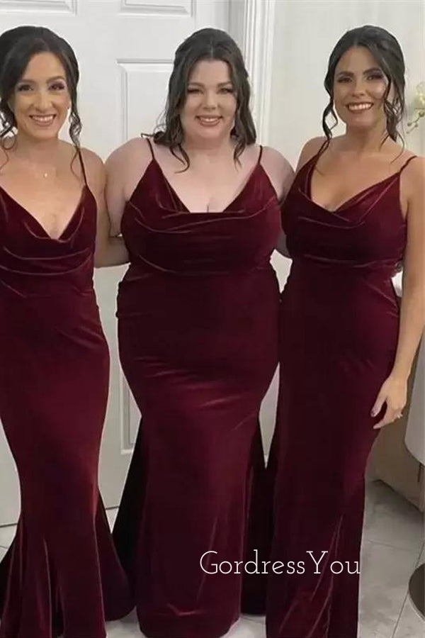 Burgundy Velvet Spaghetti Straps Mermaid Long Cheap Custom Bridesmaid Dresses, GRB0089