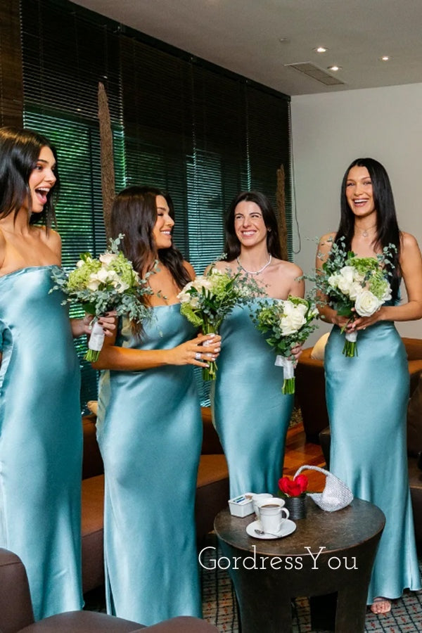 Simple Strapless Satin Mermaid Long Cheap Custom Bridesmaid Dresses, GRB0091