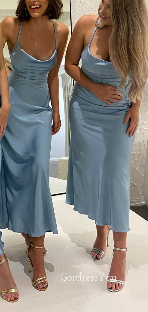 Popular Blue Satin Mermaid Long Cheap Custom Spaghetti Straps Bridesmaid Dresses, GRB0095