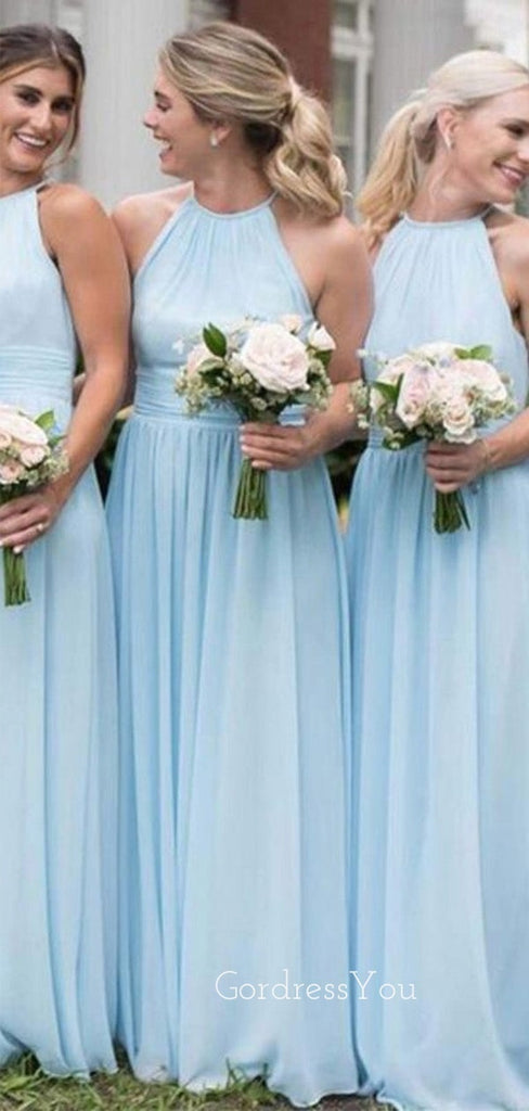 Simple A-line Sky Blue Chiffon Long Cheap Custom Halter Bridesmaid Dresses, GRB0096