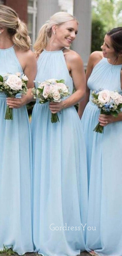 Simple A-line Sky Blue Chiffon Long Cheap Custom Halter Bridesmaid Dresses, GRB0096