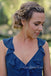 Navy Blue Chiffon A-line Long Cheap Custom V-neck Bridesmaid Dresses, GRB0097