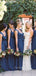 Navy Blue Chiffon A-line Long Cheap Custom V-neck Bridesmaid Dresses, GRB0097