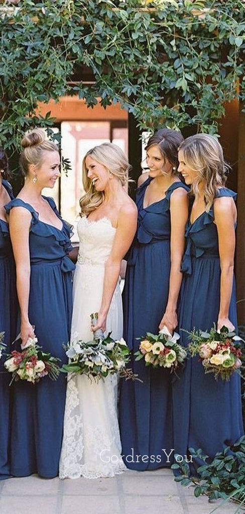 Navy Blue Chiffon A-line Long Cheap Custom V-neck Bridesmaid Dresses, GRB0097