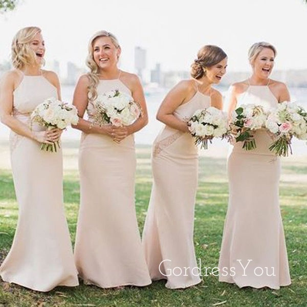 Sexy Halter Champagne Long Cheap Custom Mermaid Bridesmaid Dresses, GRB0099