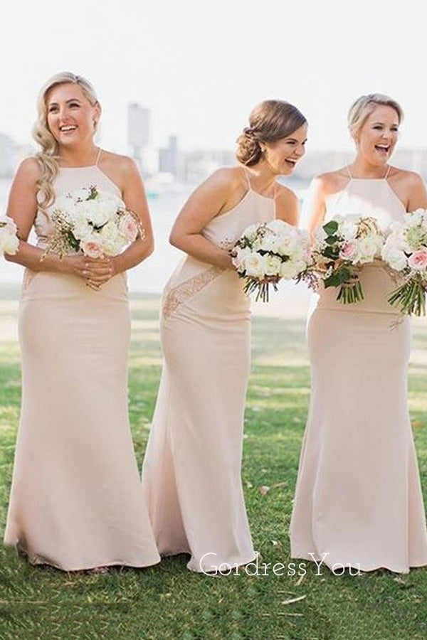 Sexy Halter Champagne Long Cheap Custom Mermaid Bridesmaid Dresses, GRB0099