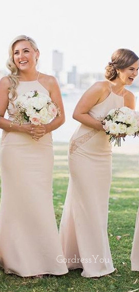 Sexy Halter Champagne Long Cheap Custom Mermaid Bridesmaid Dresses, GRB0099