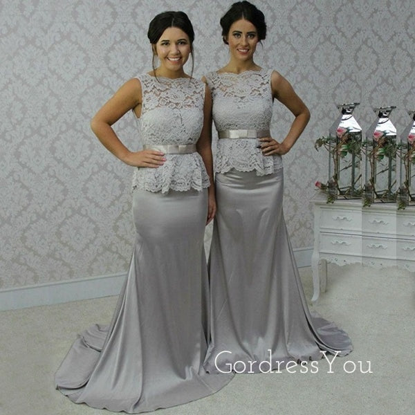 Mermaid Silver Grey Satin Lace Long Cheap Custom Bridesmaid Dresses, GRB0100