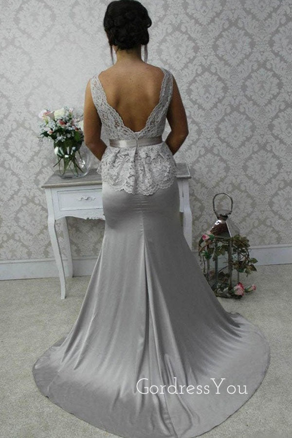 Mermaid Silver Grey Satin Lace Long Cheap Custom Bridesmaid Dresses, GRB0100