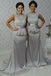 Mermaid Silver Grey Satin Lace Long Cheap Custom Bridesmaid Dresses, GRB0100