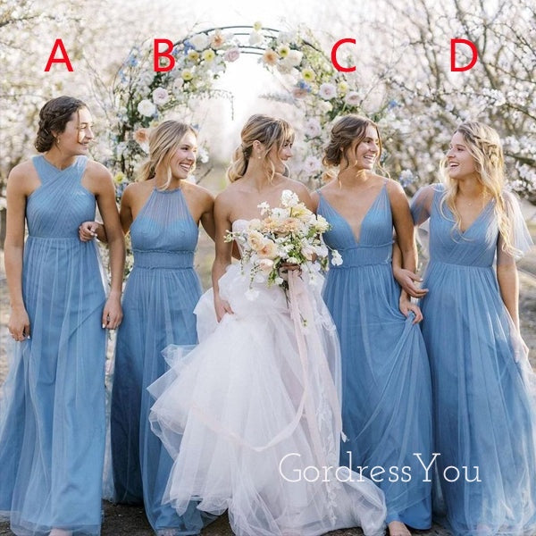 Dusty Blue Tulle A-line Long Cheap Custom Bridesmaid Dresses, GRB0104