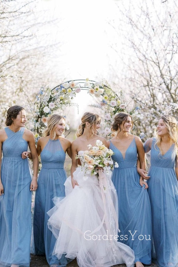 Dusty Blue Tulle A-line Long Cheap Custom Bridesmaid Dresses, GRB0104